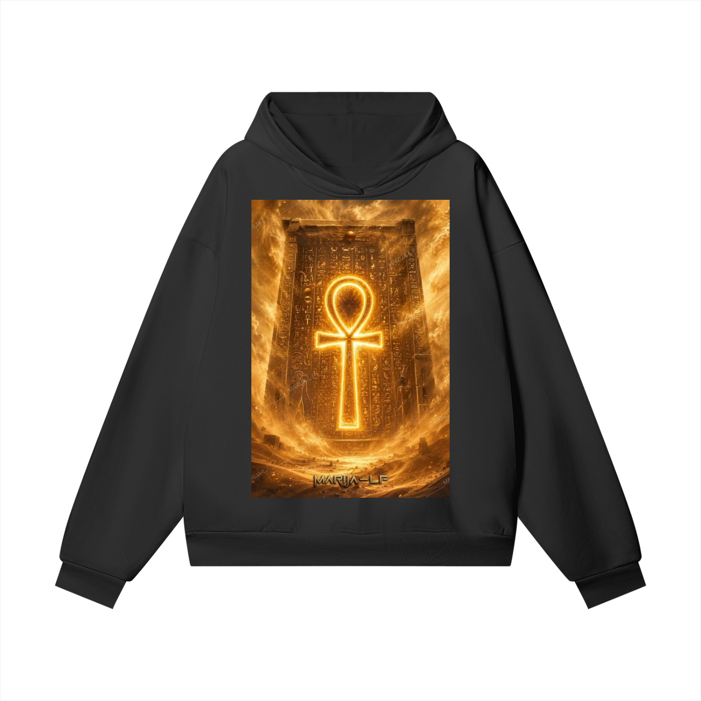 A black pullover hoodie featuring a large rectangular graphic print on the front with a glowing golden Ankh symbol over a fiery, hieroglyphic-style background. The hoodie is displayed flat against a solid white background.