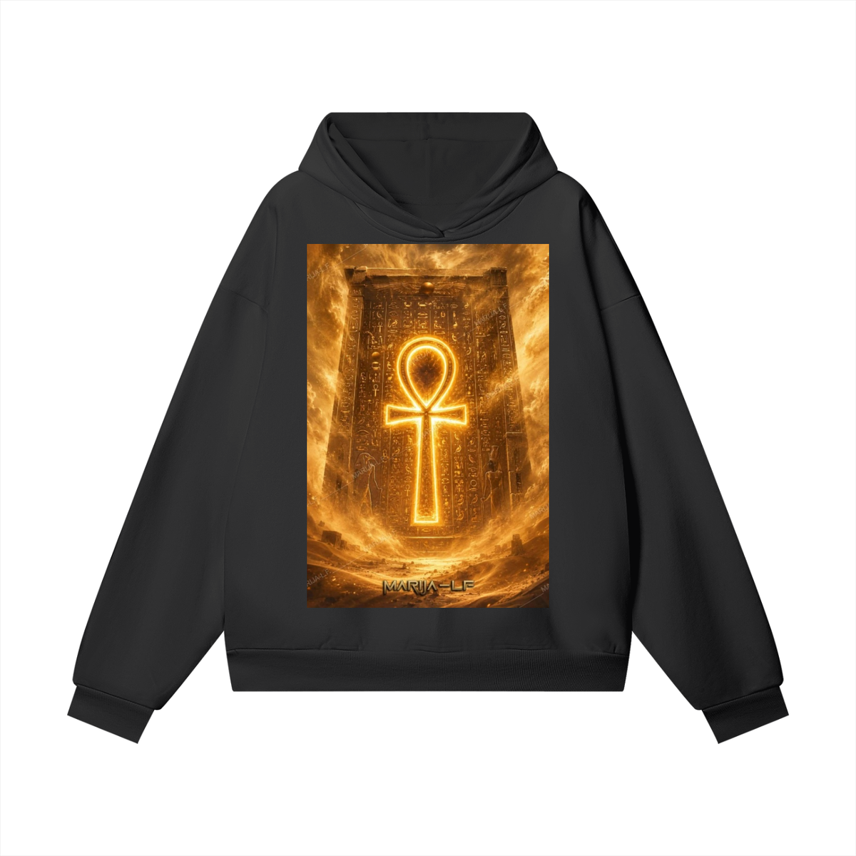A black pullover hoodie featuring a large rectangular graphic print on the front with a glowing golden Ankh symbol over a fiery, hieroglyphic-style background. The hoodie is displayed flat against a solid white background.