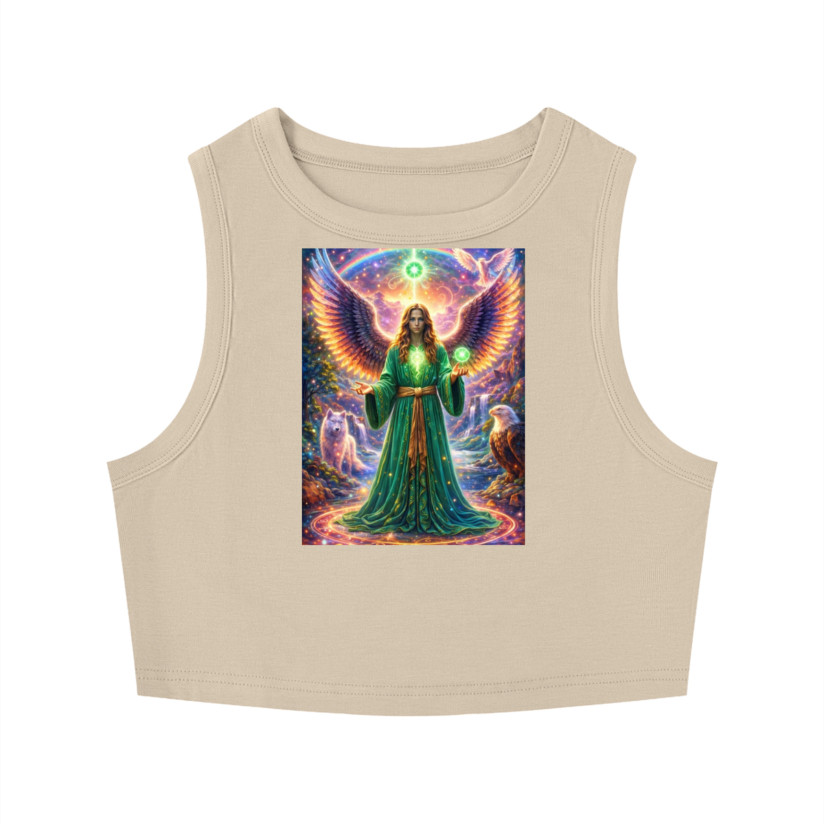 A beige sleeveless crop top featuring a colorful graphic print of a winged angel in a green robe holding a glowing orb, set against a plain white background.