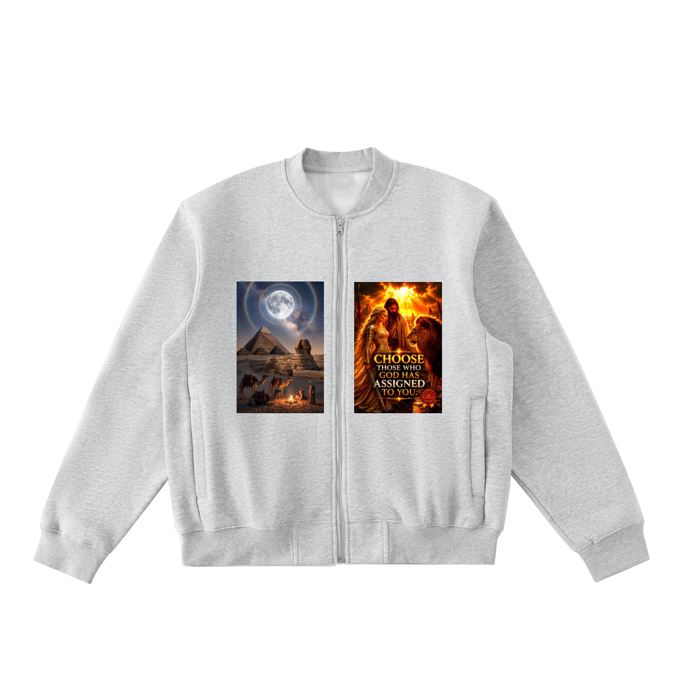 A light heather gray zip-up jacket with two rectangular graphic prints on the chest, displayed against a solid white background.