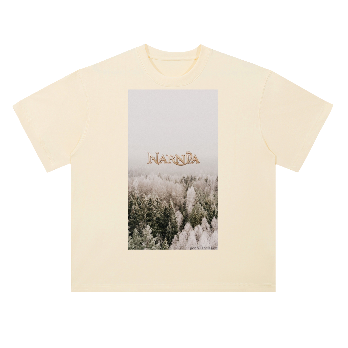 Beige t-shirt with a graphic of a snowy forest and 'Narnia' text on a white background