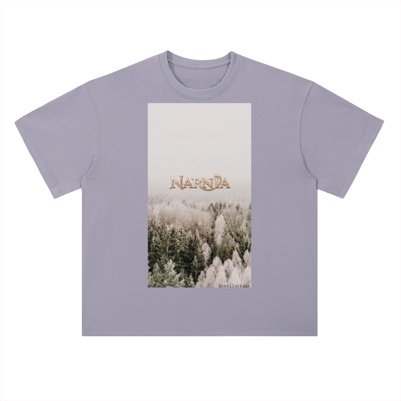 Purple t-shirt with a 'Narnia' graphic design featuring a forest scene on a white background