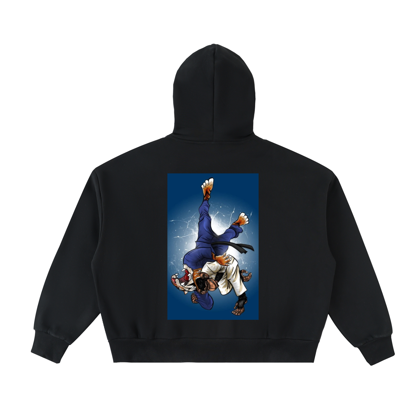 Black hoodie with a graphic of two martial artists on the back against a blue sky.