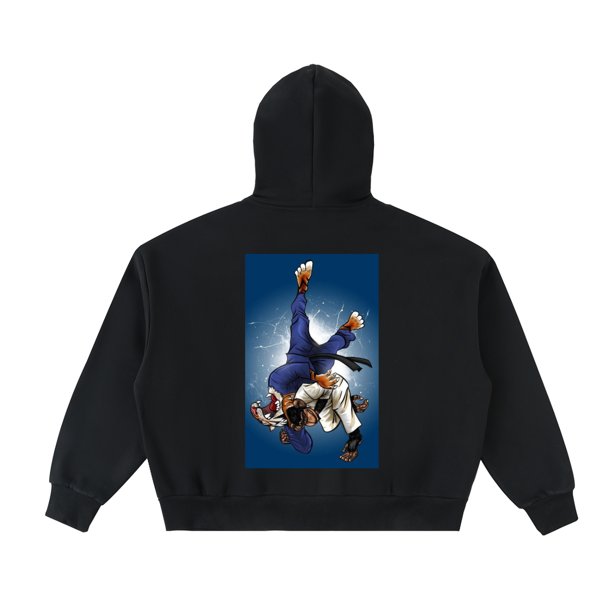 Black hoodie with a graphic of two martial artists on the back against a blue sky.