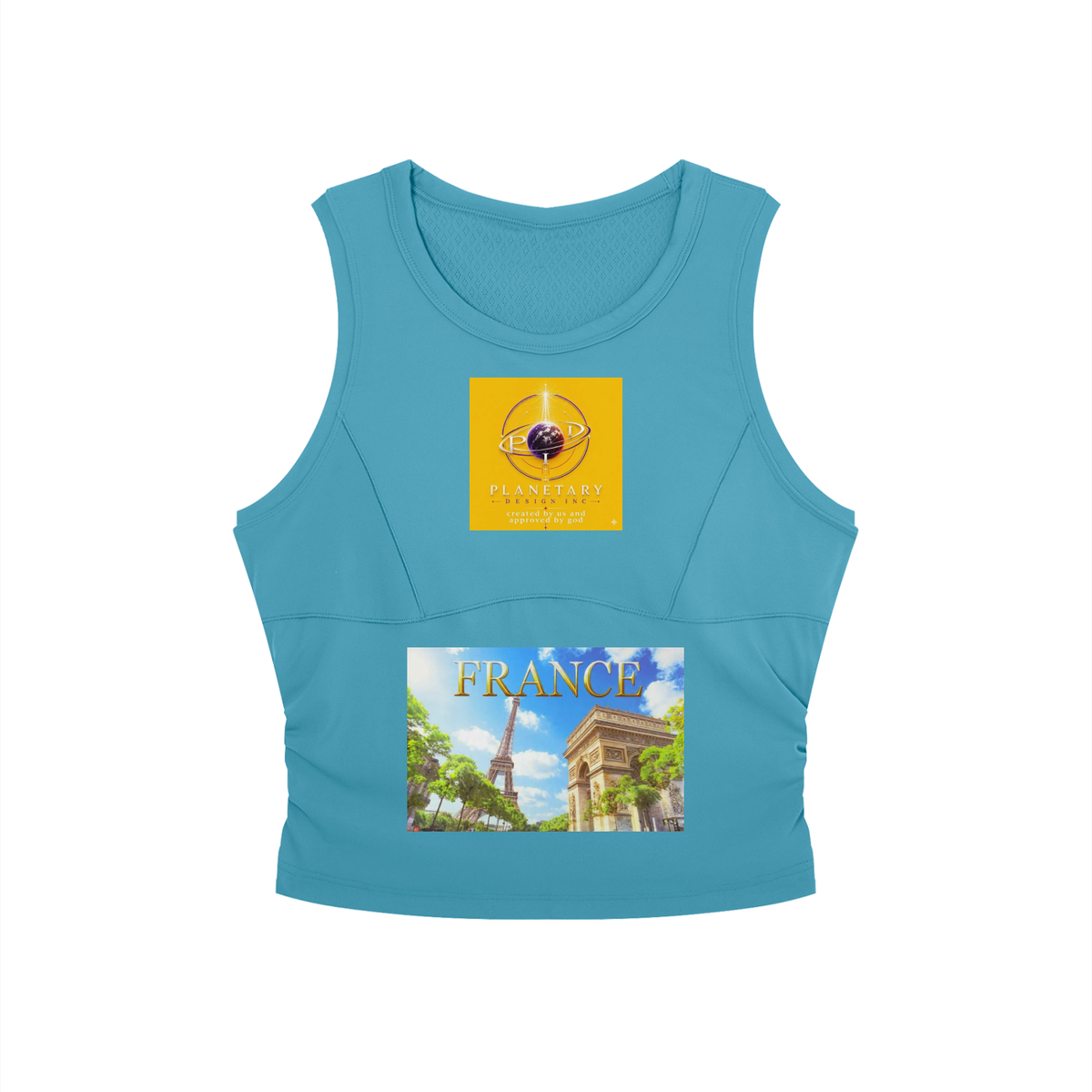 Blue tank top with a yellow square featuring a logo and a smaller square with 'FRANCE' and landmarks on a white background.
