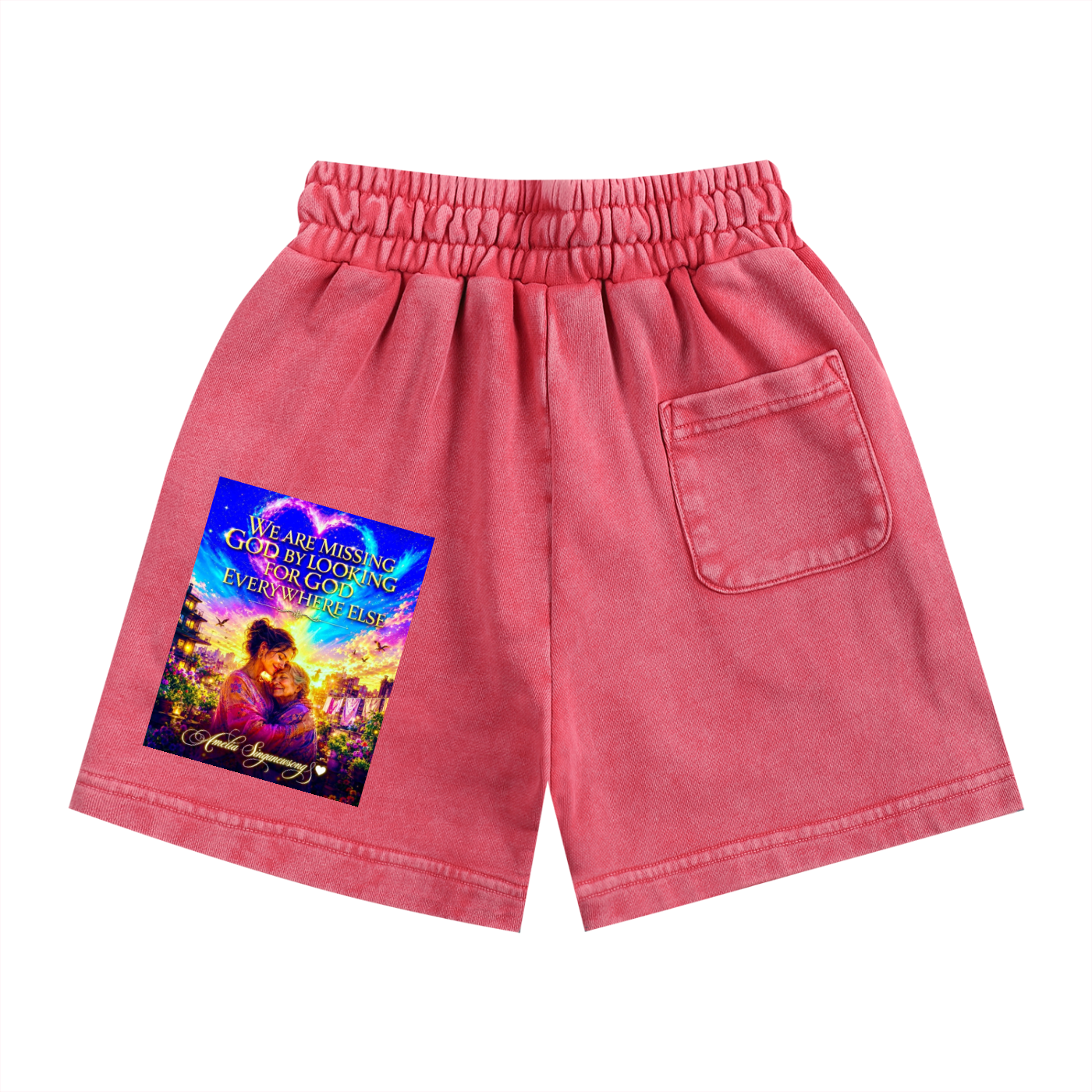 Pink shorts with a colorful graphic on a white background