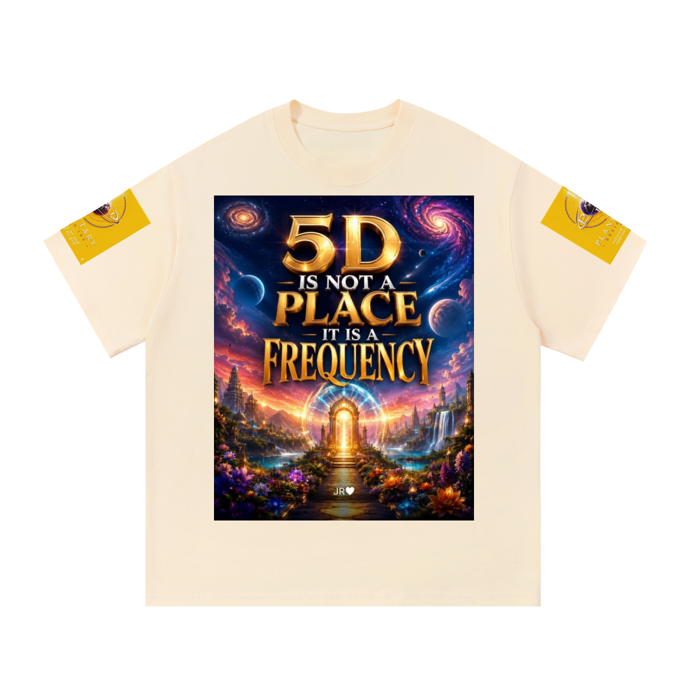 An off-white short-sleeve t-shirt with a large, colorful graphic print on the front reading '5D IS NOT A PLACE IT IS A FREQUENCY' over a fantasy landscape, with yellow graphic prints on both sleeves.