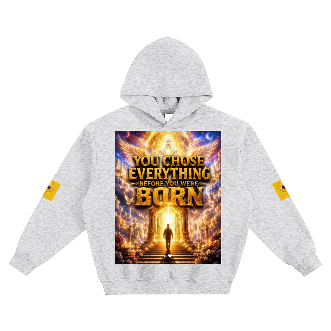 Gray hoodie with a graphic design on the front featuring text and an image of a person walking towards a bright light.