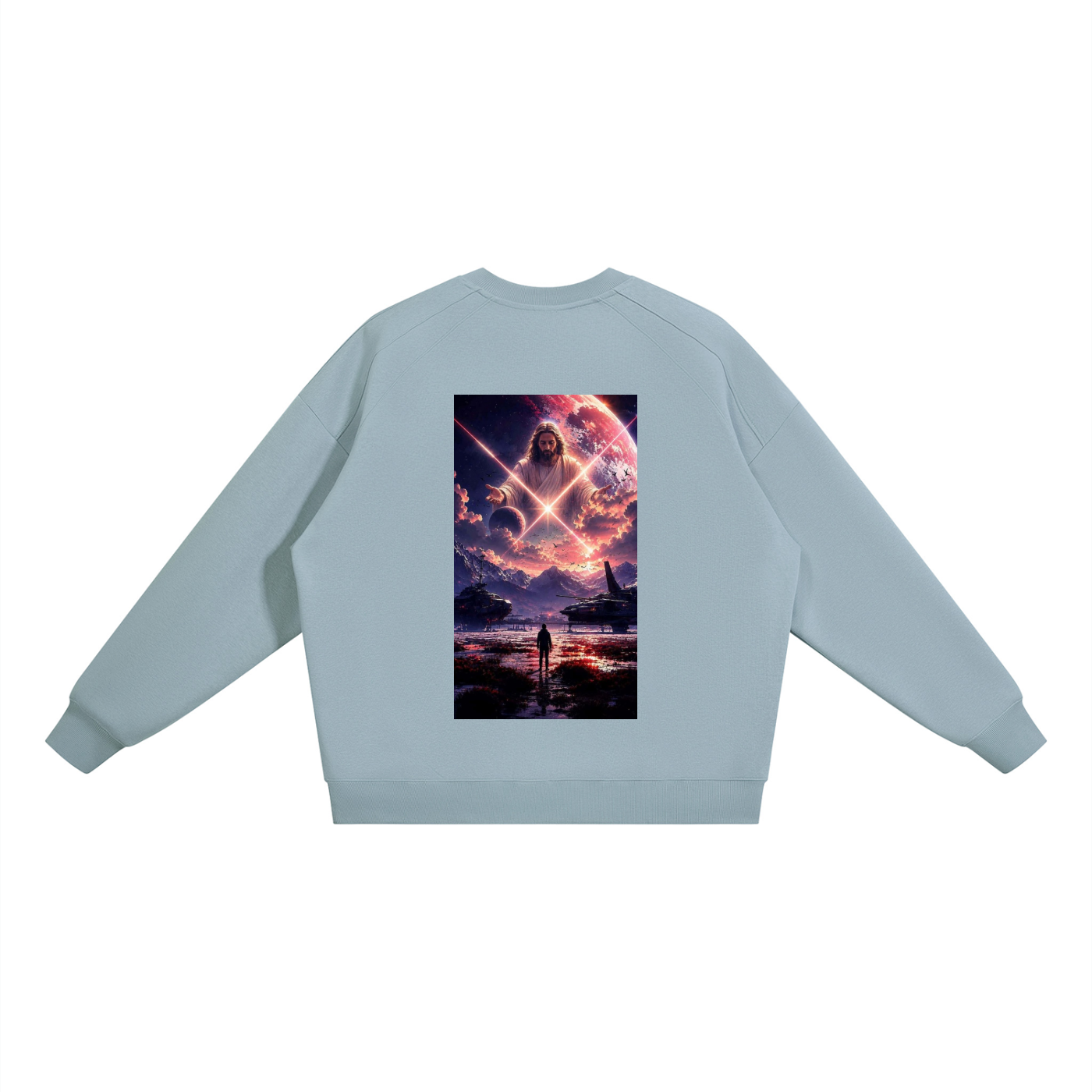 A light blue crewneck sweatshirt shown from the back, featuring a large rectangular graphic print of a cosmic scene with a glowing figure and a person standing in a reflective body of water.