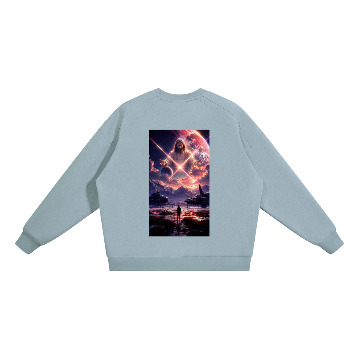 A light blue crewneck sweatshirt shown from the back, featuring a large rectangular graphic print of a cosmic scene with a glowing figure and a person standing in a reflective body of water.