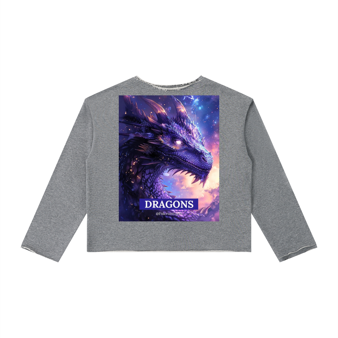 A gray long-sleeve crop top sweatshirt featuring a large graphic print of a purple dragon on the front with the word 'DRAGONS' in a blue banner.