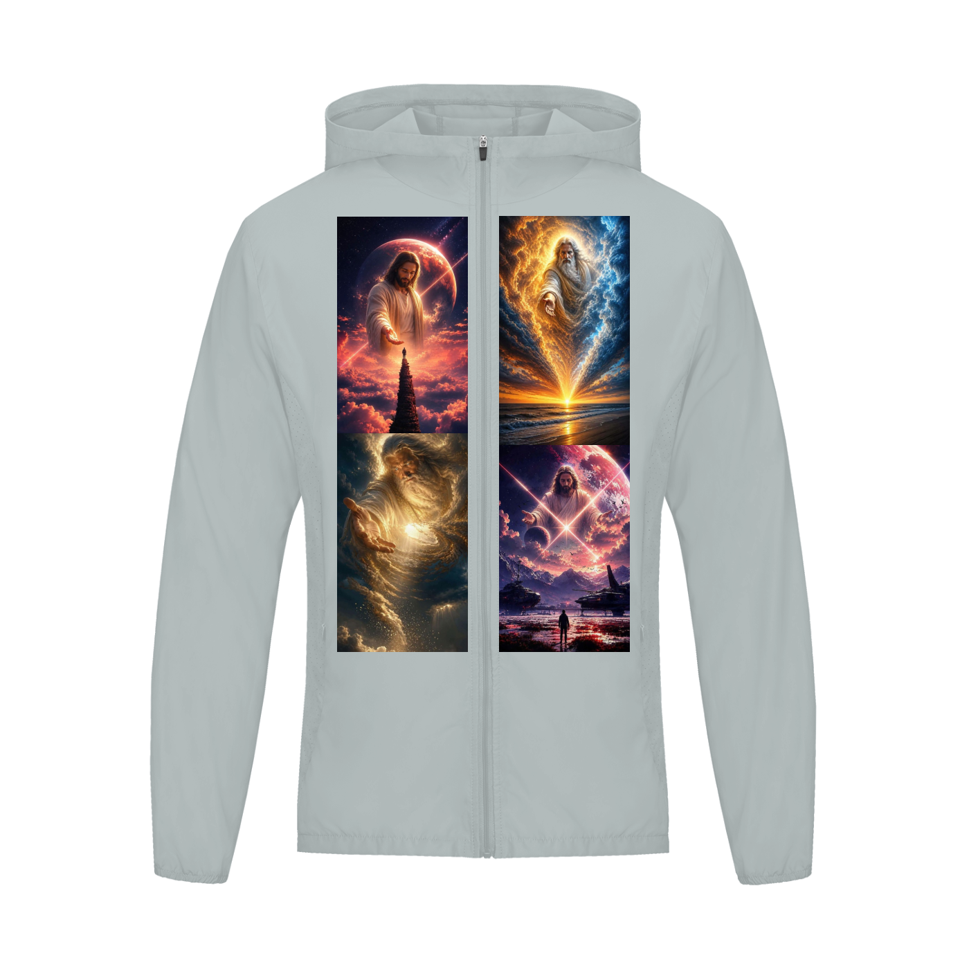 A light gray zip-up hoodie with a large, detailed graphic print on the front. The graphic is split down the middle into two vertical panels, each showing a fantasy scene with glowing celestial figures, planets, and dramatic cosmic skies in vibrant colors like orange, blue, and purple.
