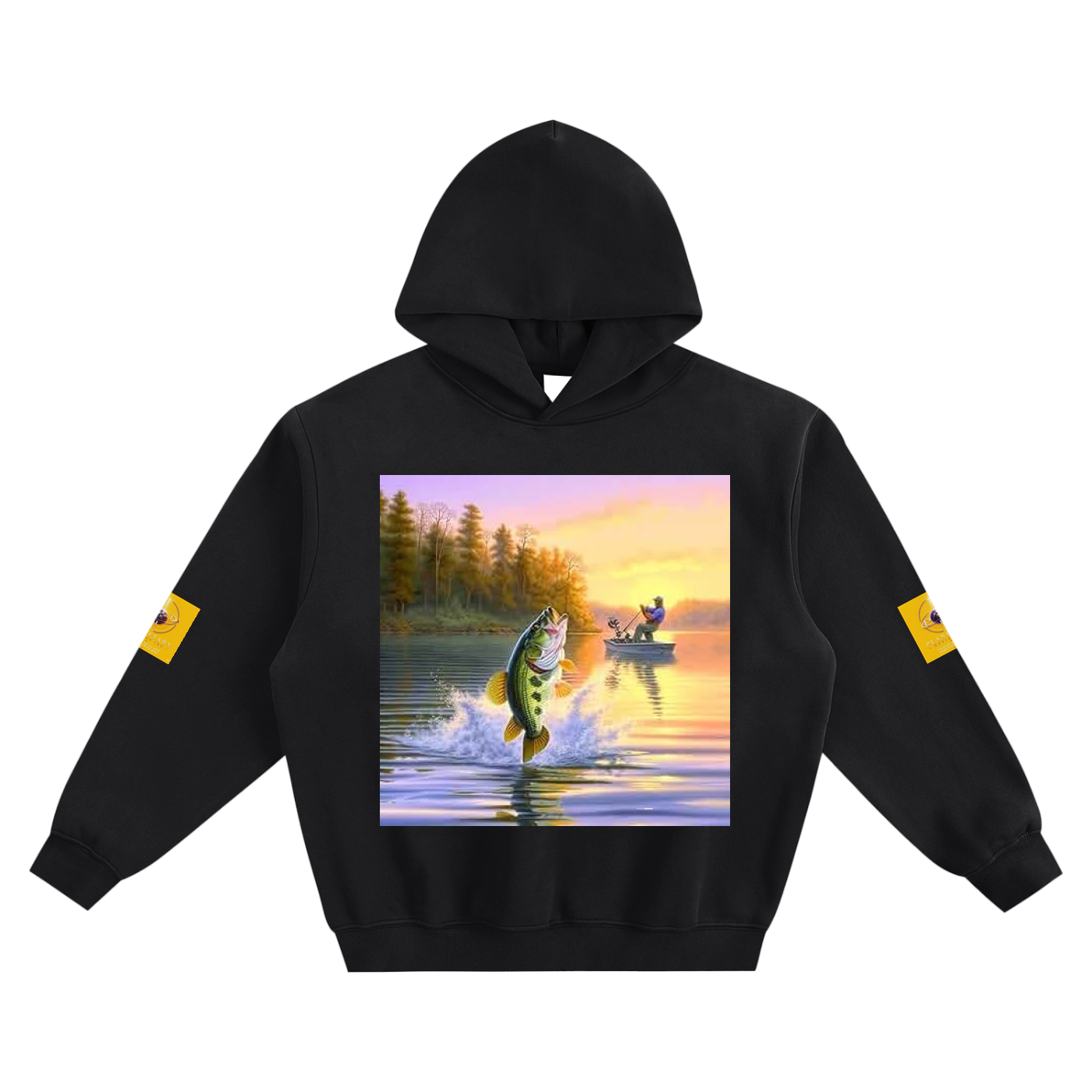 Black hoodie with a fishing-themed graphic on a white background