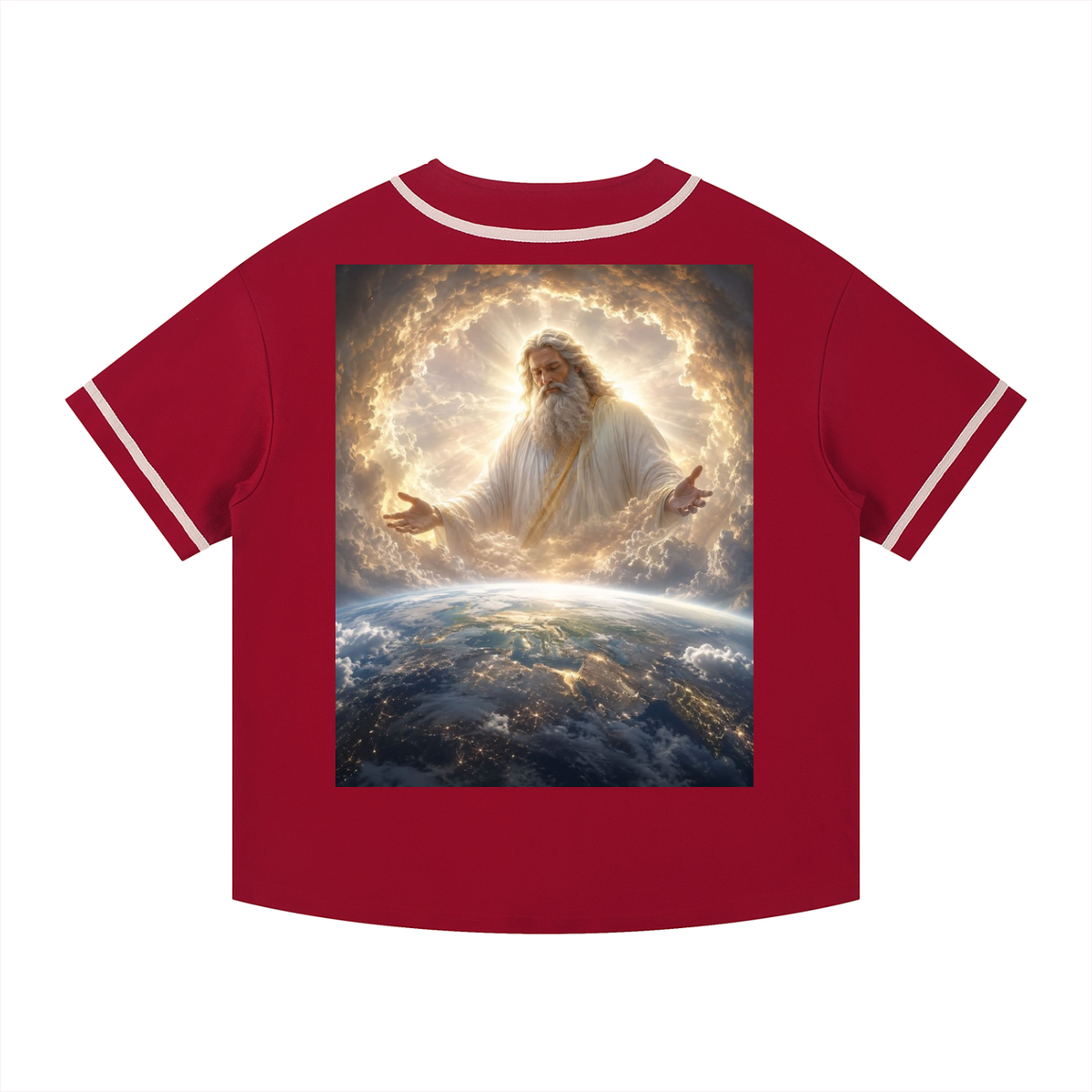 A red short-sleeve t-shirt with white contrast trim on the collar and sleeve cuffs, featuring a large graphic print on the front of a glowing divine figure above a view of Earth from space.