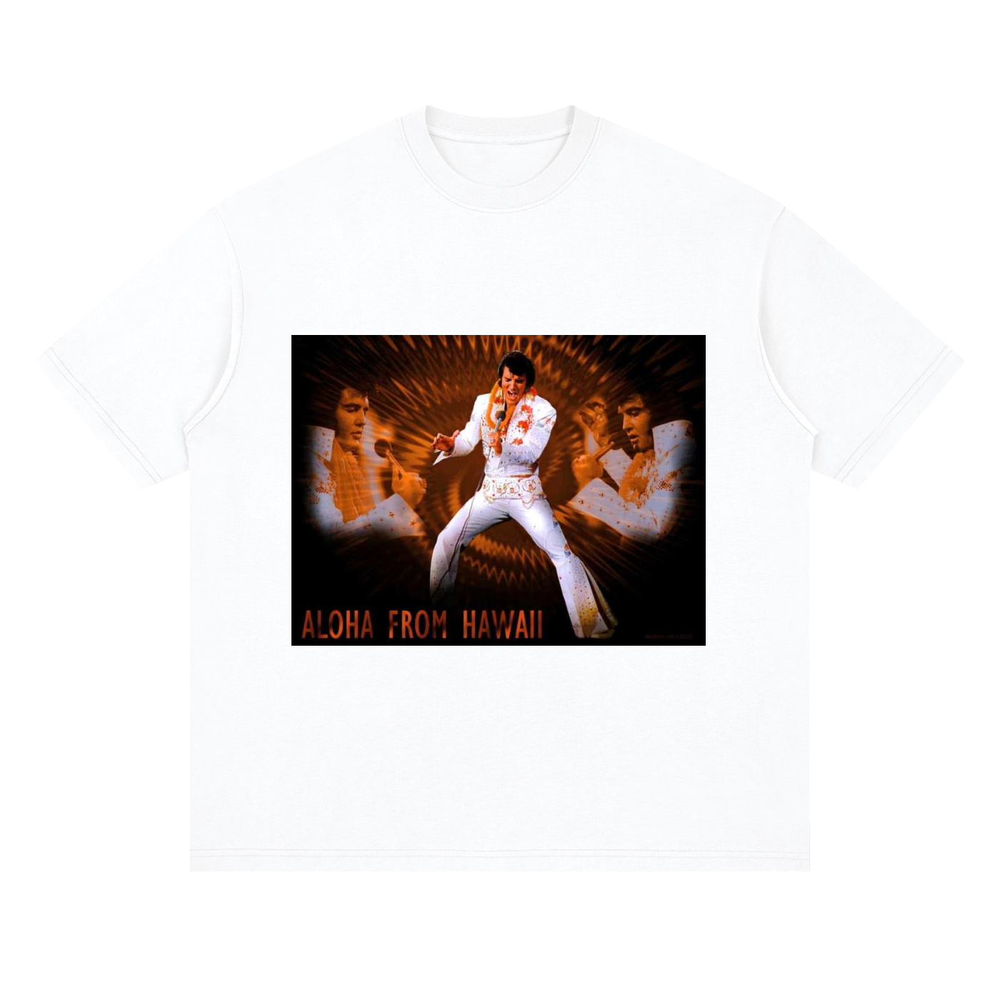 White t-shirt with a graphic of Elvis Presley and text 'Aloha from Hawaii' on a white background