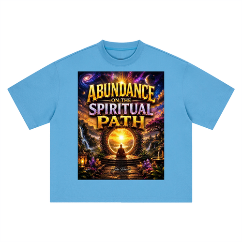Light blue t-shirt with 'Abundance on the Spiritual Path' graphic design on a white background