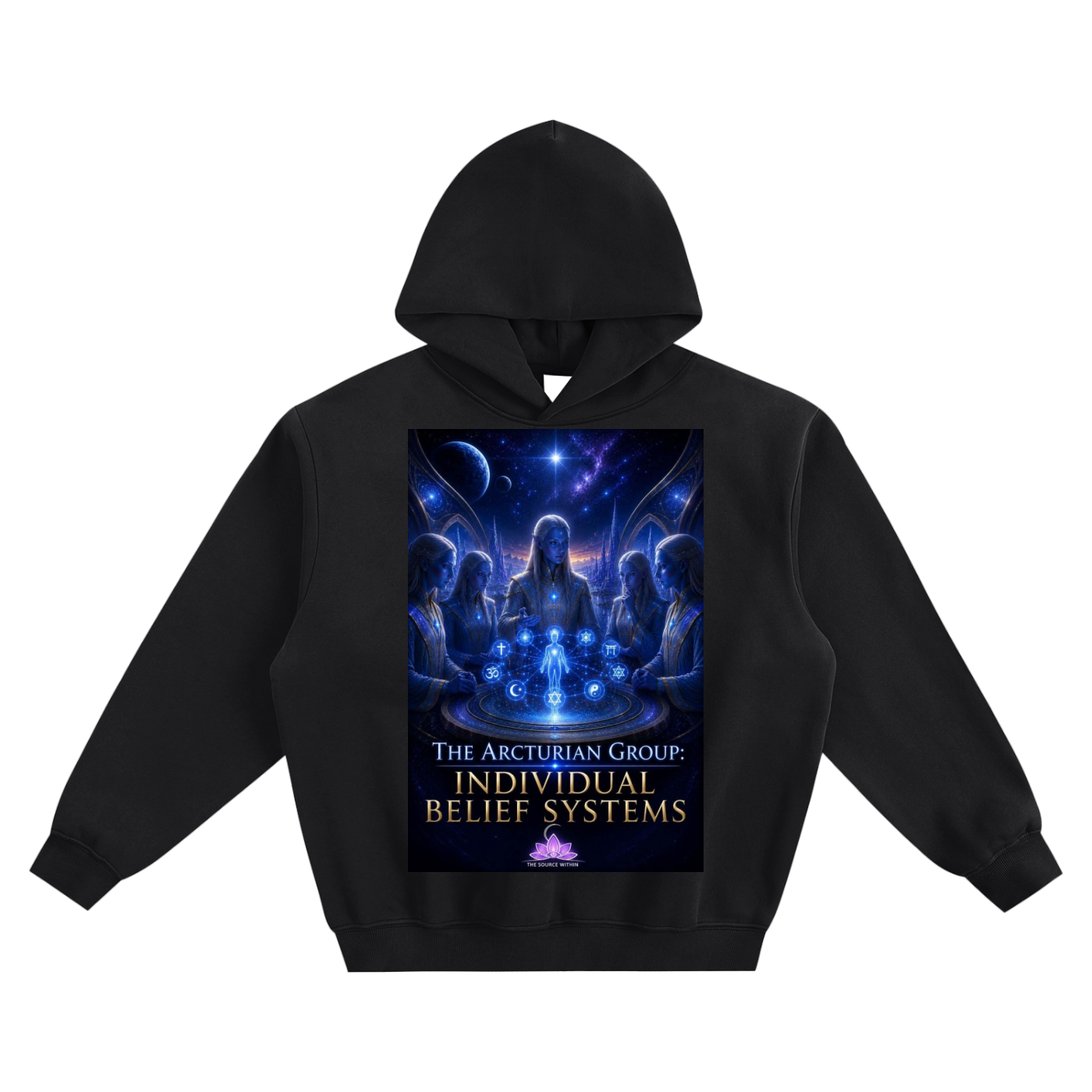Black hoodie with a graphic design on a white background