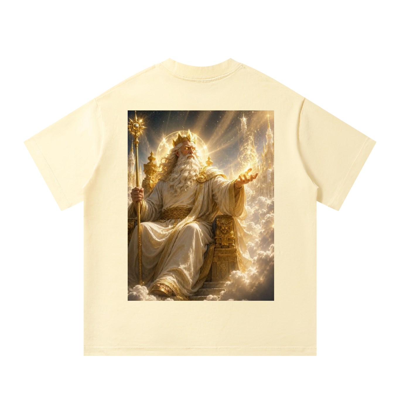 Beige t-shirt with a graphic of a mystical figure on a white background