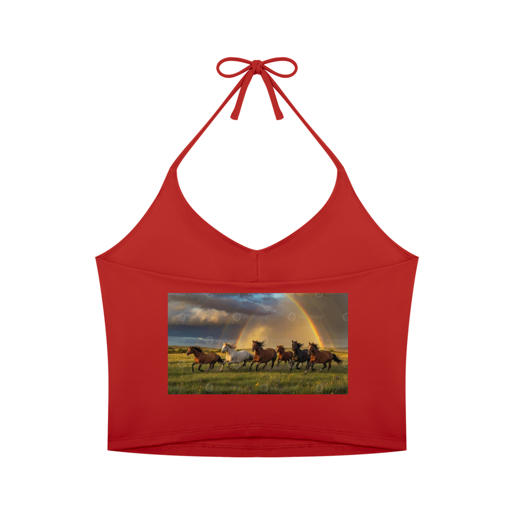 A red halter crop top featuring a rectangular graphic print on the front of wild horses running across a field under a dramatic sky with a rainbow. The top has thin adjustable neck straps tied at the collar, shown against a plain white background.
