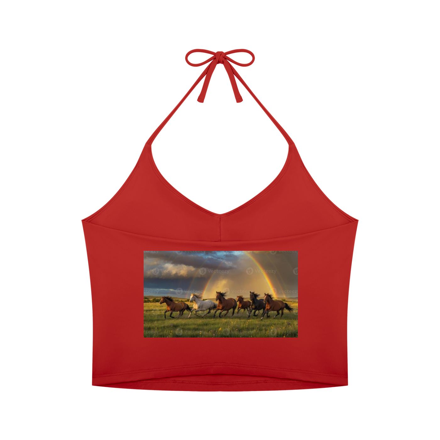 A red halter crop top featuring a rectangular graphic print on the front of wild horses running across a field under a dramatic sky with a rainbow. The top has thin adjustable neck straps tied at the collar, shown against a plain white background.