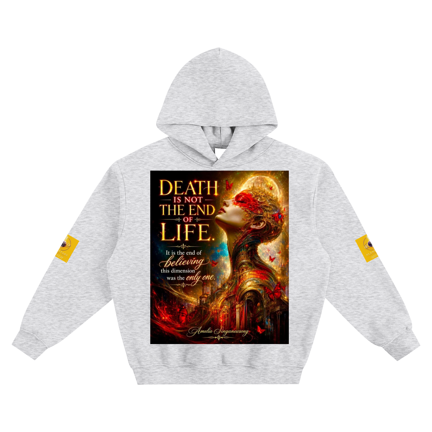 A light heather gray pullover hoodie with a large graphic print on the front featuring a woman's profile and the text 'DEATH IS NOT THE END OF LIFE.' in gold and white.