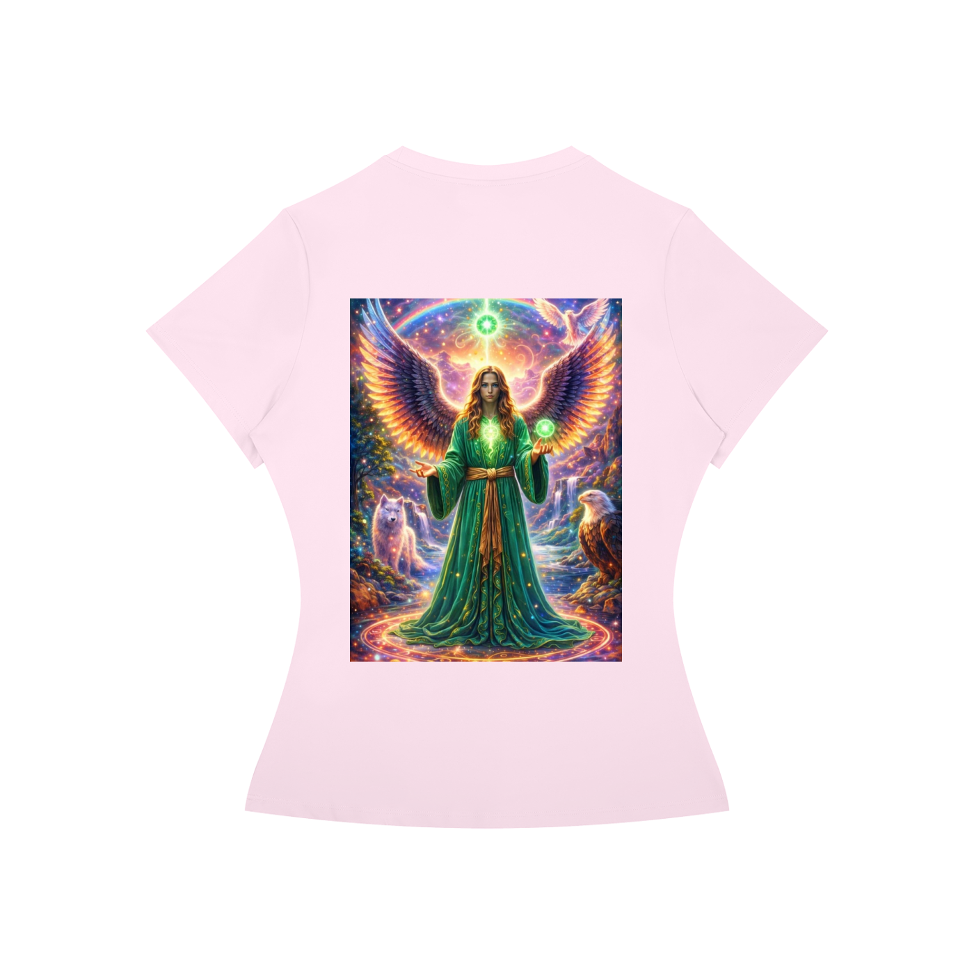 A light pink women's short-sleeve t-shirt with a large, vibrant graphic print on the front depicting a fantasy angel with glowing green and gold wings, set against a plain white background.