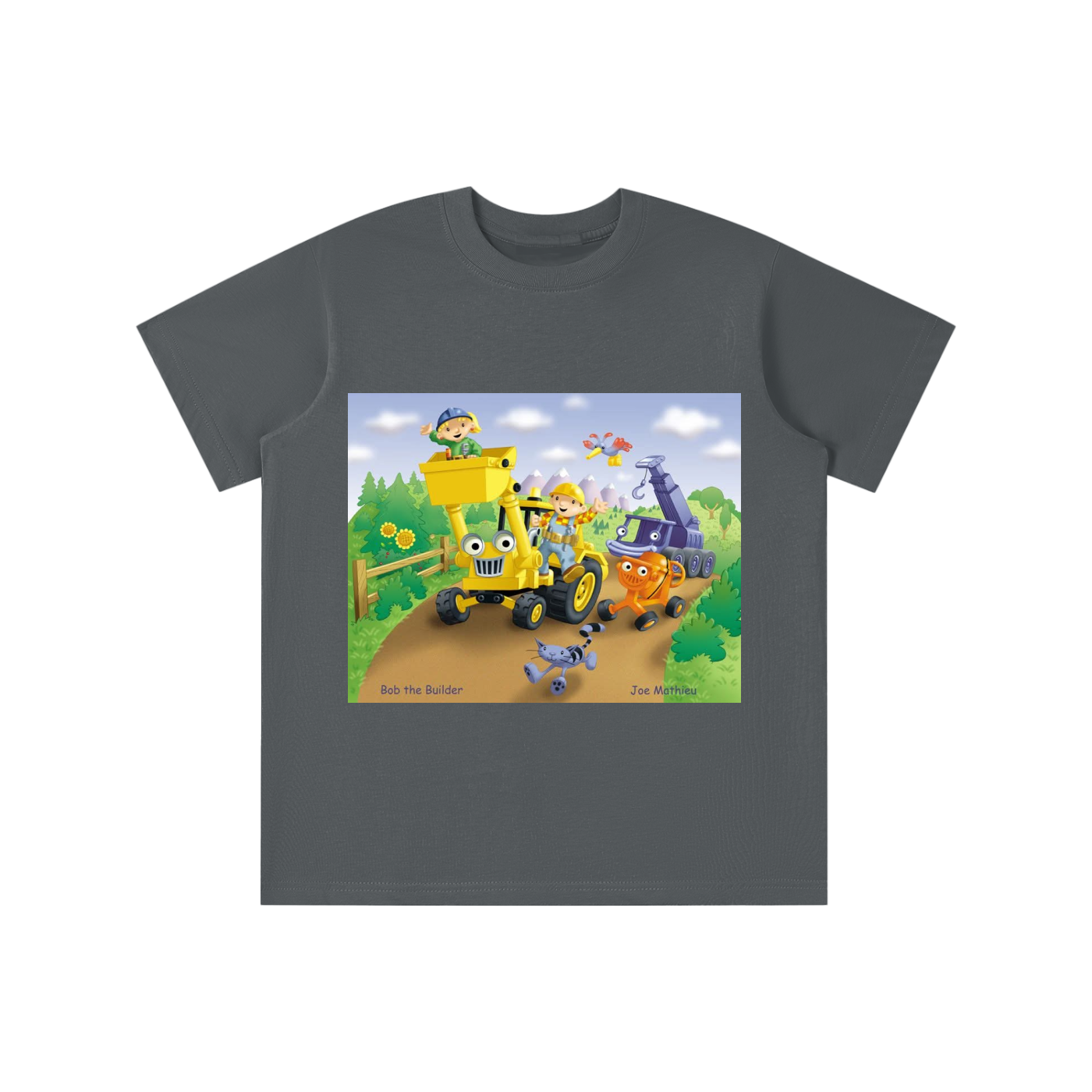 Gray t-shirt with a colorful cartoon design featuring construction vehicles and characters on a white background.