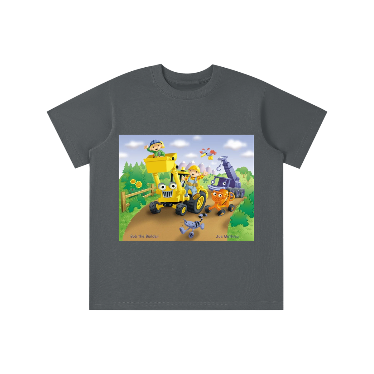 Gray t-shirt with a colorful cartoon design featuring construction vehicles and characters on a white background.