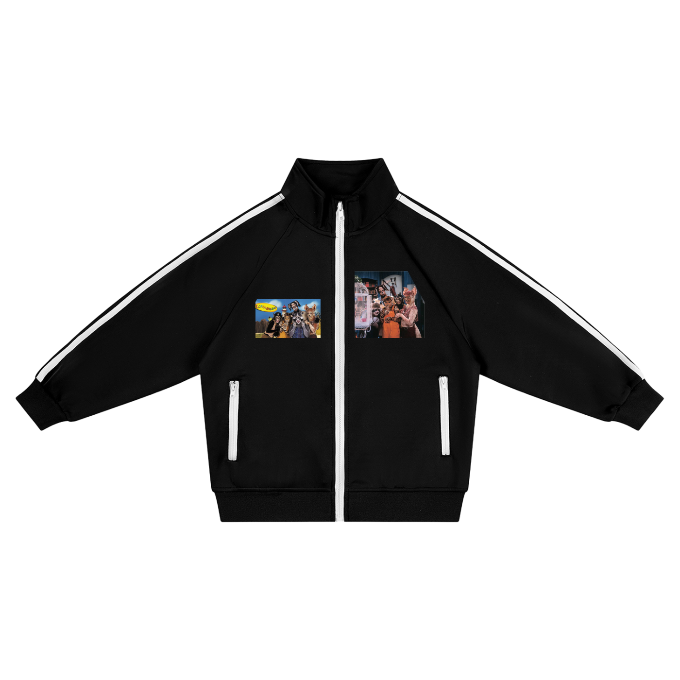 A black zip-up track jacket with white stripes down the sleeves and white zipper accents, featuring two rectangular graphic prints on the chest, displayed on a solid white background.