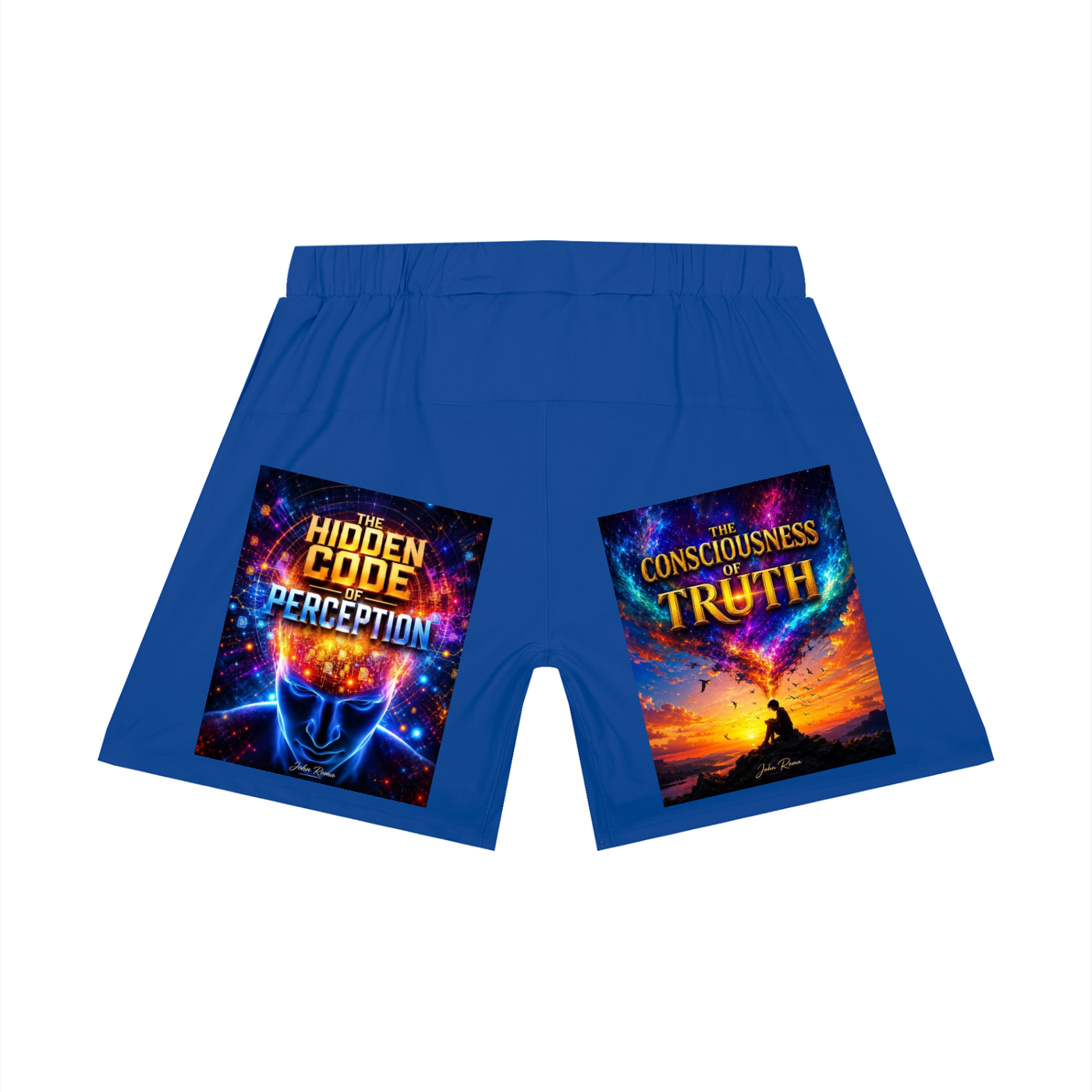 Blue boxer briefs with two colorful graphic prints on the front, one reading 'HIDDEN CODE PERCEPTION' and the other 'CONSCIOUSNESS OF TRUTH', shown on a plain white background.