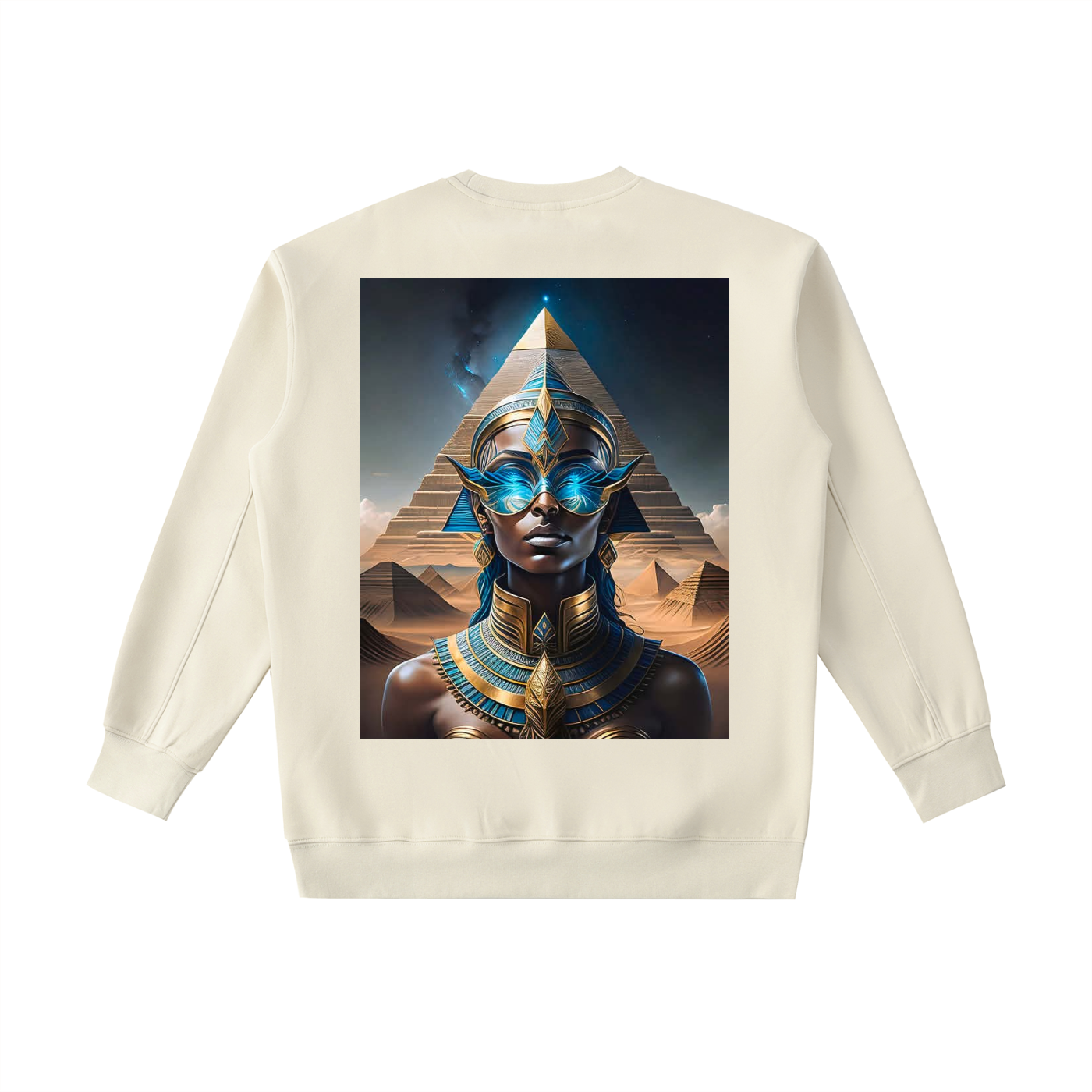 Beige sweatshirt with a graphic of an Egyptian-themed design featuring a pyramid and a person in traditional attire.