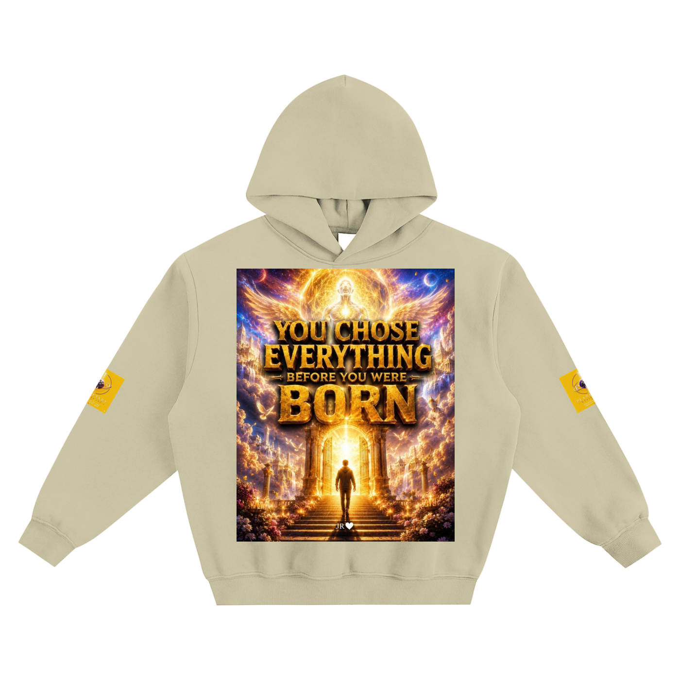 Beige hoodie with a graphic design on the front featuring text and a door illustration.