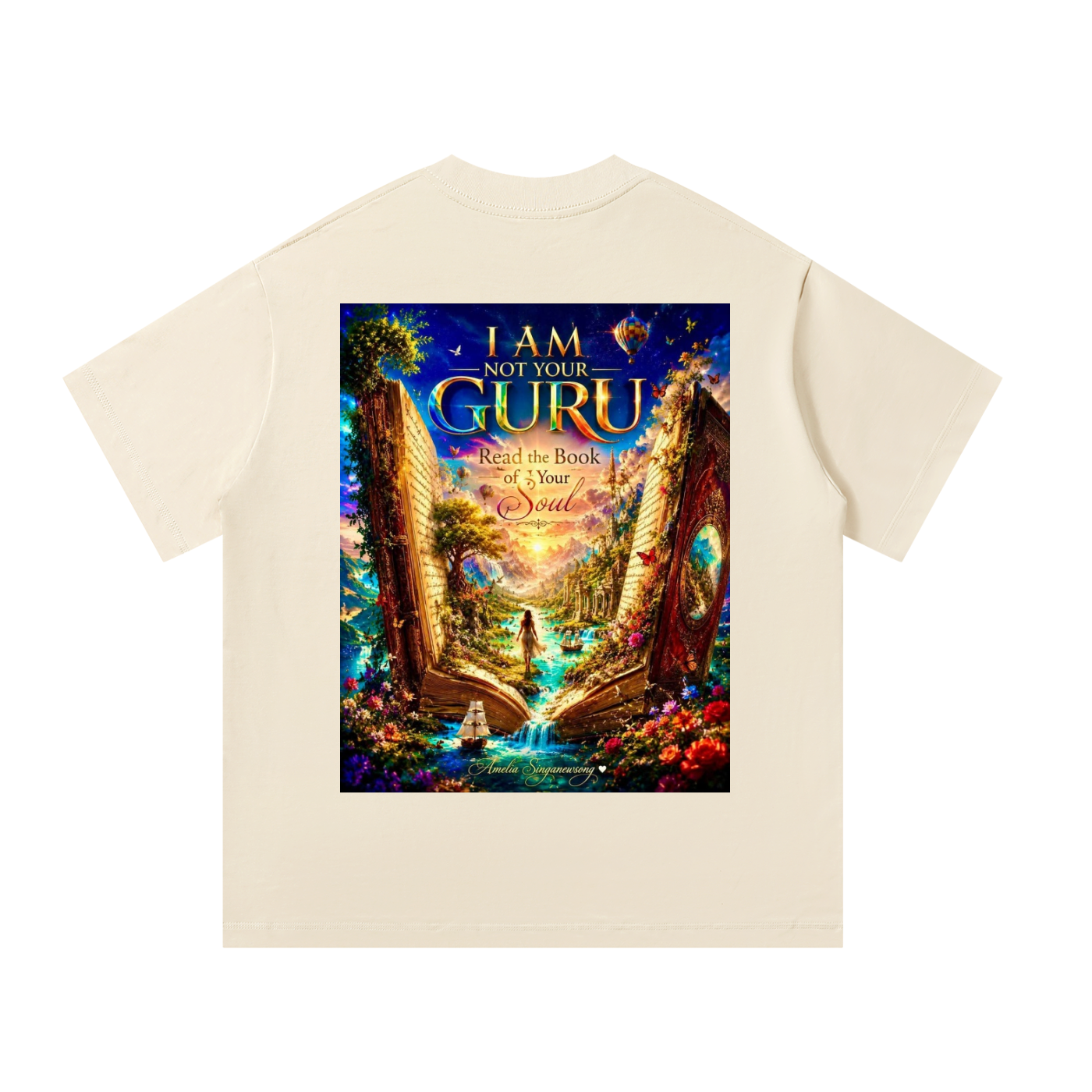 Beige t-shirt with a colorful graphic design on the back featuring an open book and nature elements.