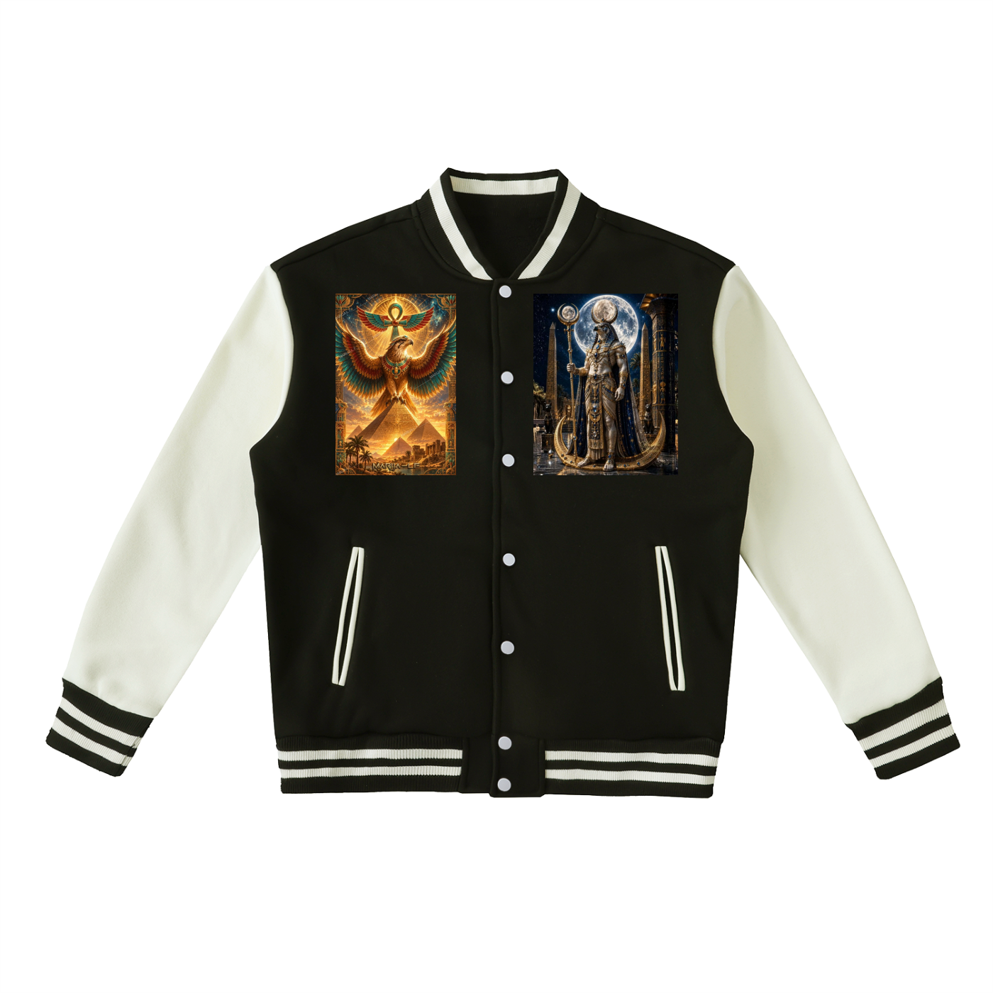 A varsity-style bomber jacket with a black body and off-white sleeves, featuring two large fantasy art prints on the chest and striped ribbed trim.
