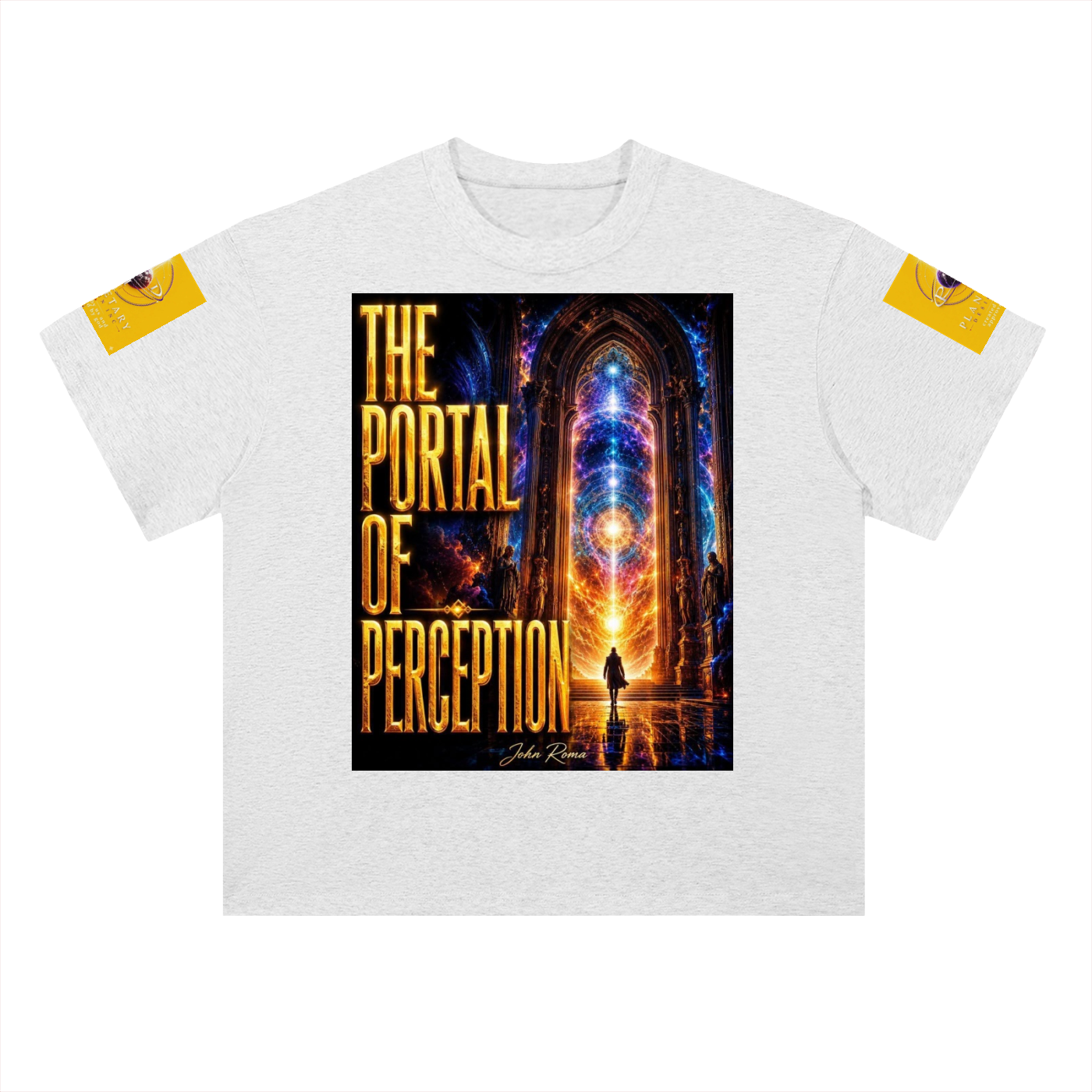 A white short-sleeve t-shirt with a large graphic print on the front reading 'THE PORTAL OF PERCEPTION' in gold text over a colorful fantasy portal scene. Each sleeve has a small yellow graphic patch.