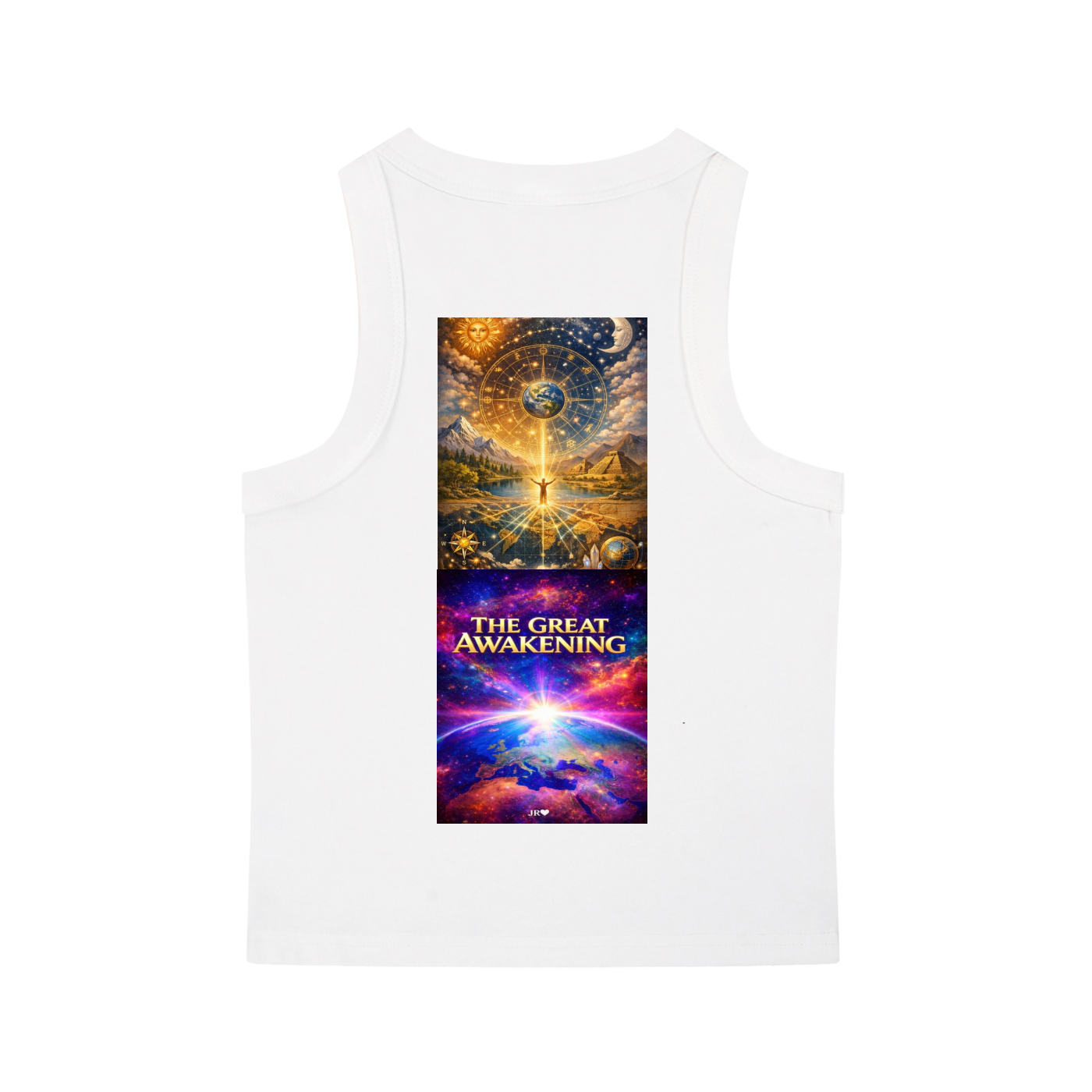 A white sleeveless tank top with a large vertical graphic print on the front featuring a cosmic scene with the text 'THE GREAT AWAKENING'.