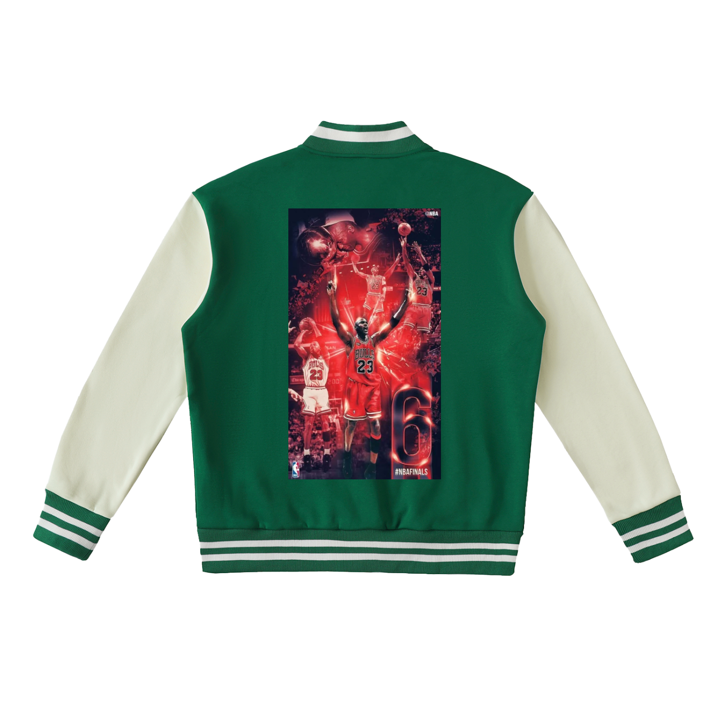 Green and white varsity jacket with a graphic design on the back against a white background