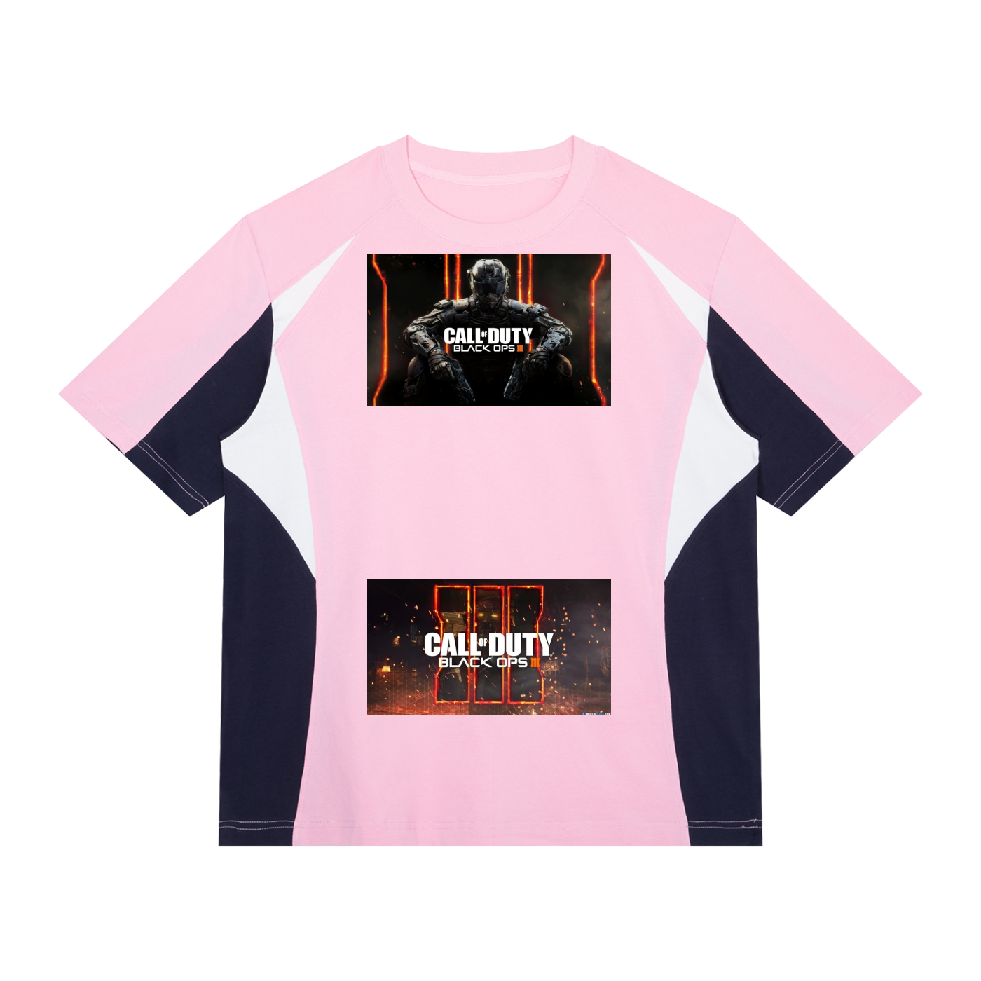 Pink and navy long-sleeve shirt with 'Call of Duty' graphics on a white background