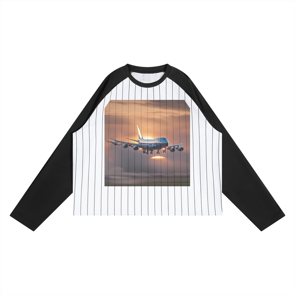 Baseball shirt with an airplane graphic on a white background