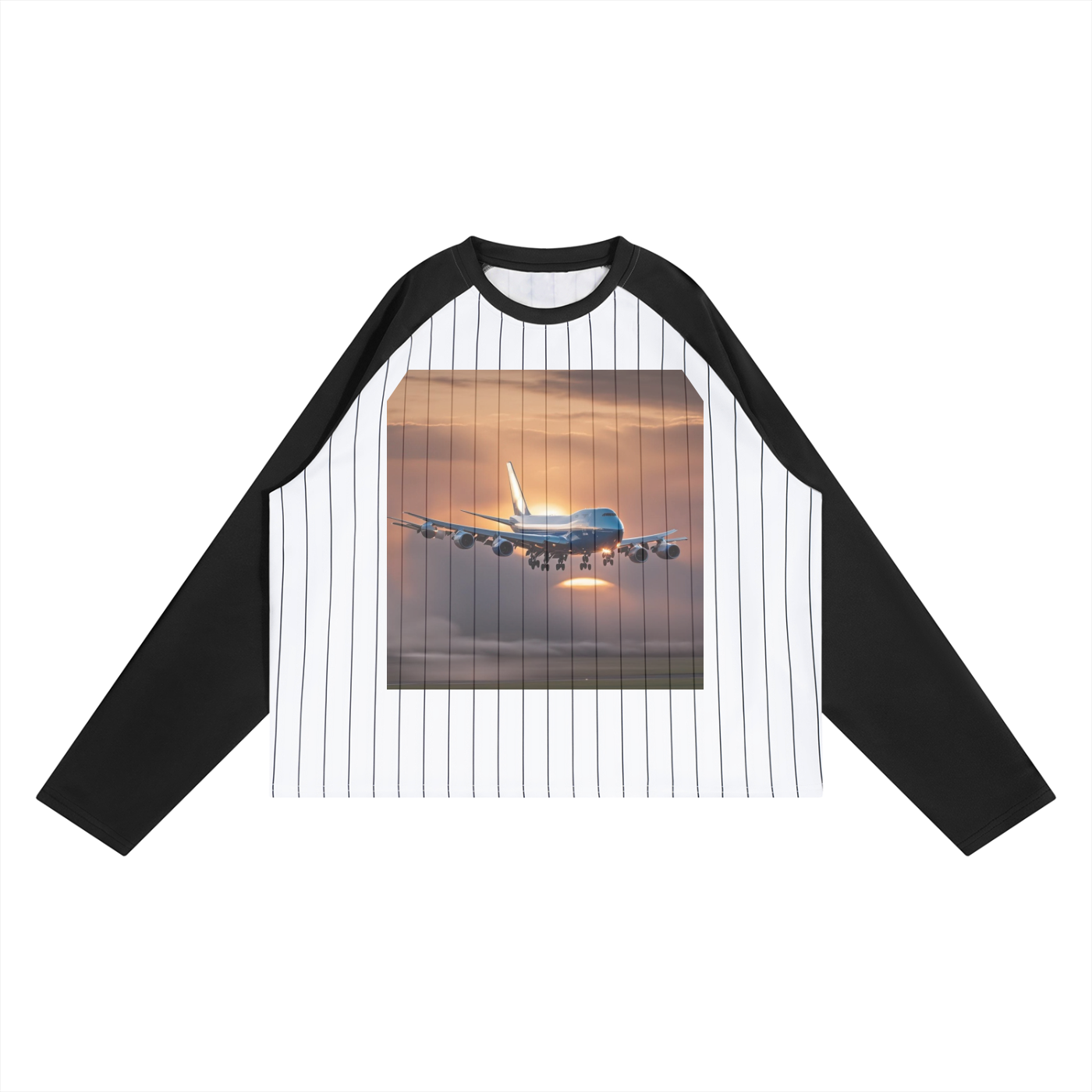 Baseball shirt with an airplane graphic on a white background