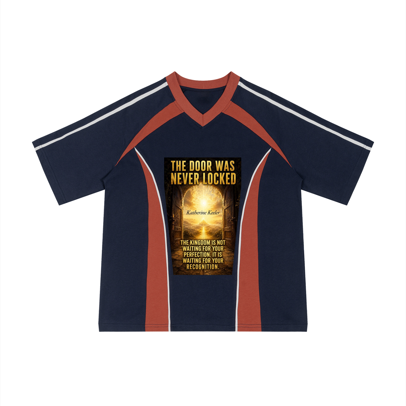 A navy blue short-sleeve V-neck t-shirt with rust red and white shoulder stripes, featuring a large graphic print on the front with the text 'THE DOOR WAS NEVER LOCKED' and a glowing golden keyhole design.