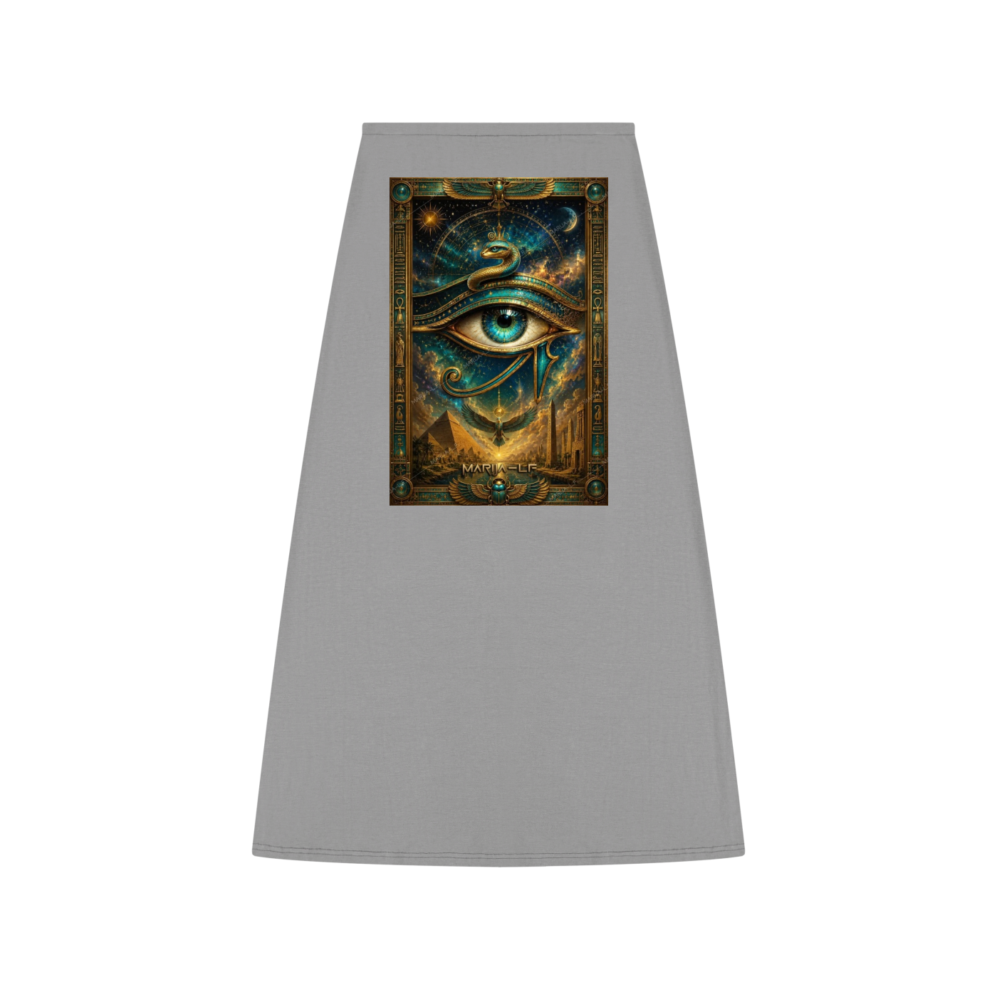 A gray A-frame window shade featuring a central graphic print of a mystical all-seeing eye with a snake and cosmic background.