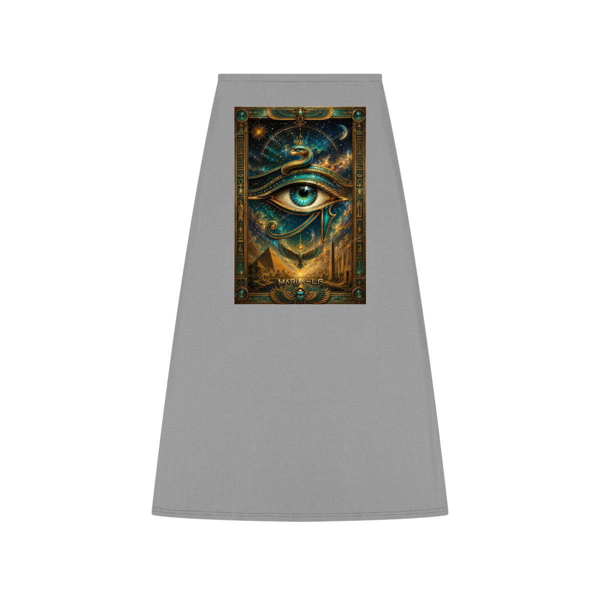 A gray A-frame window shade featuring a central graphic print of a mystical all-seeing eye with a snake and cosmic background.