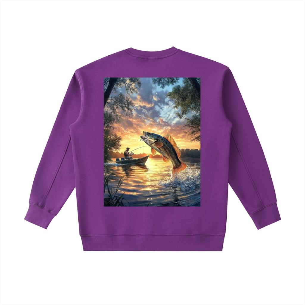 Purple sweatshirt with a fishing scene print on the back, featuring a fish leaping out of water at sunset.