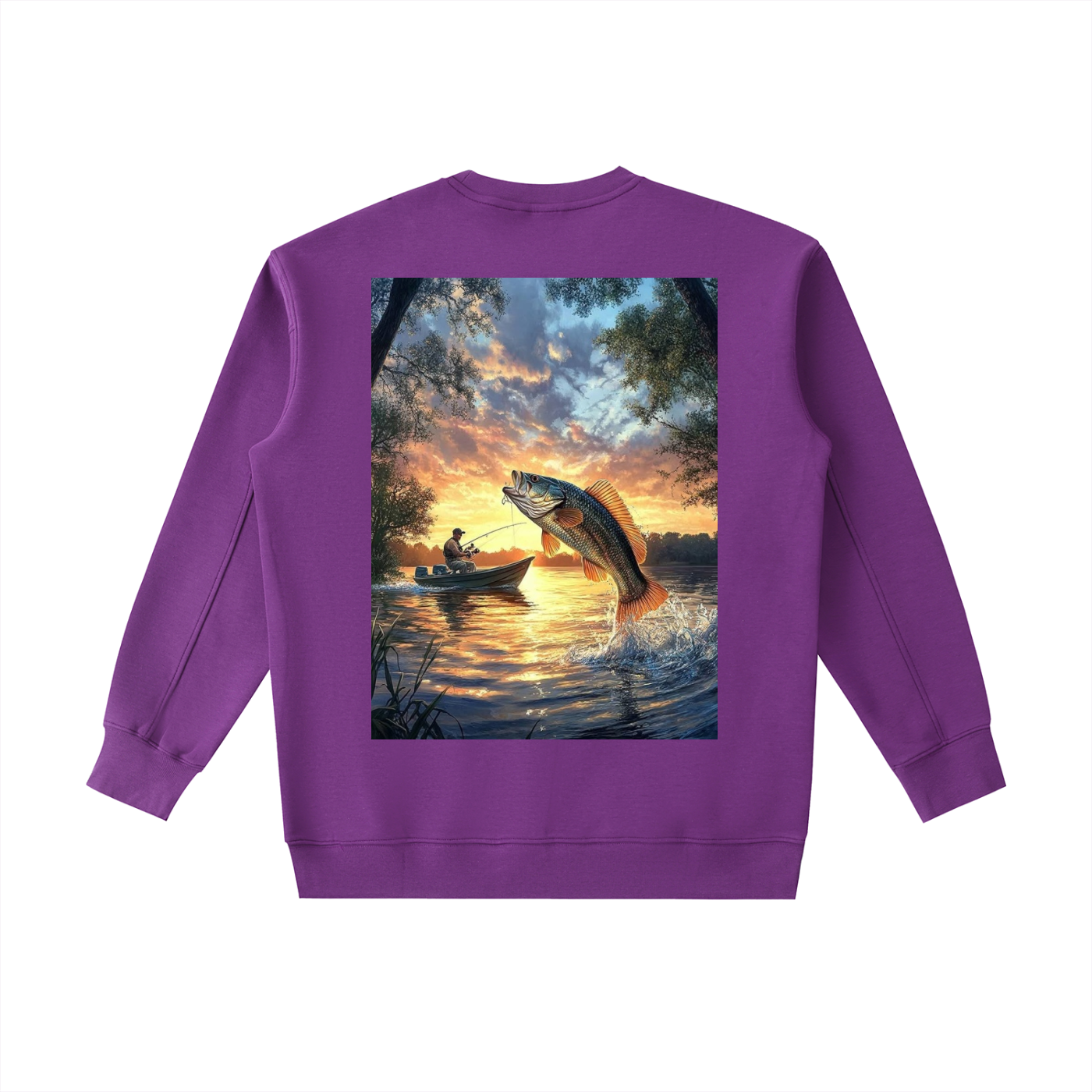 Purple sweatshirt with a fishing scene print on the back, featuring a fish leaping out of water at sunset.