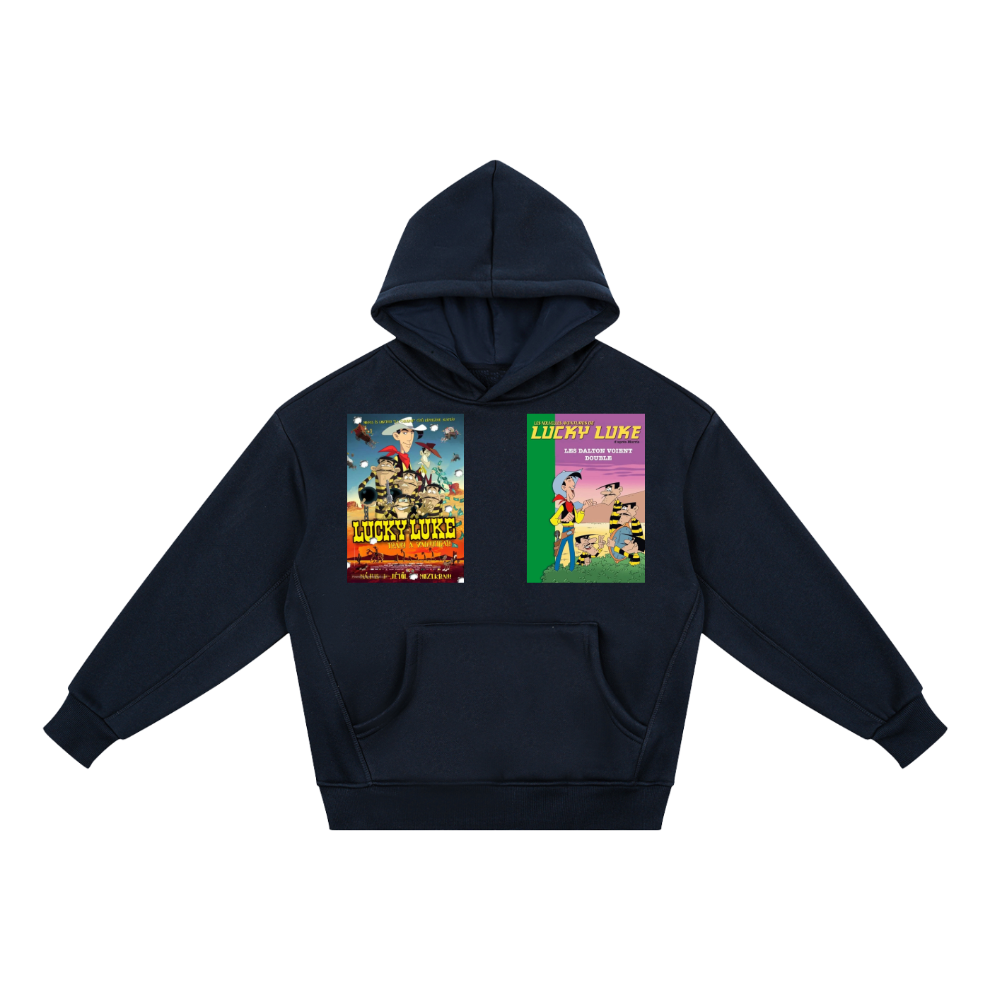 A navy blue pullover hoodie with two colorful graphic prints on the chest, displayed against a solid white background.