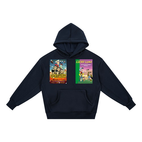 A navy blue pullover hoodie with two colorful graphic prints on the chest, displayed against a solid white background.