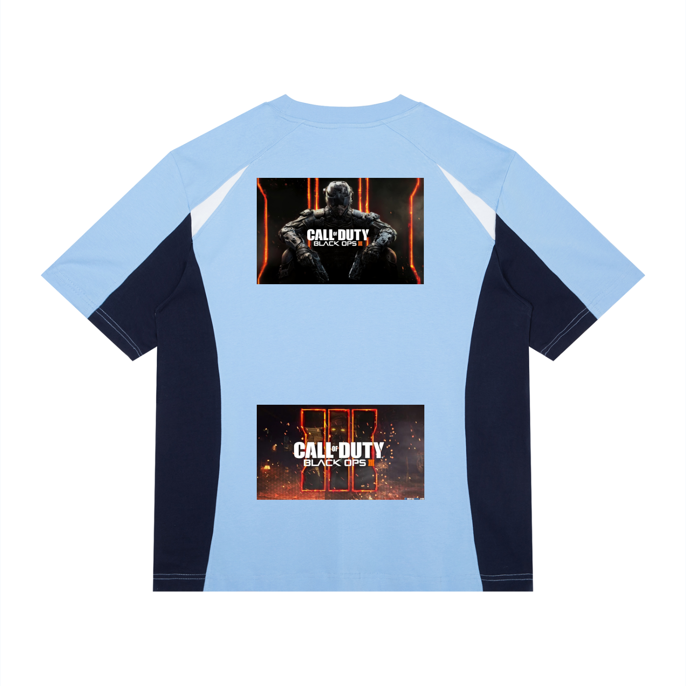 Light blue and black t-shirt with 'Call of Duty' graphics on a white background
