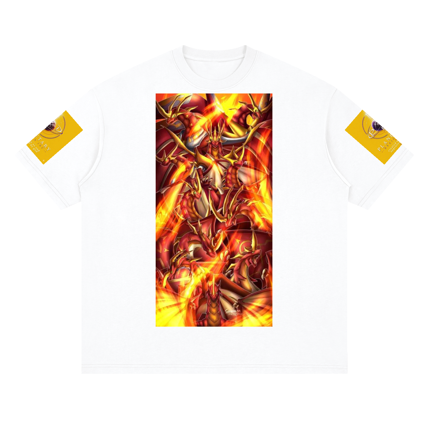 White t-shirt with a fiery dragon design on a white background