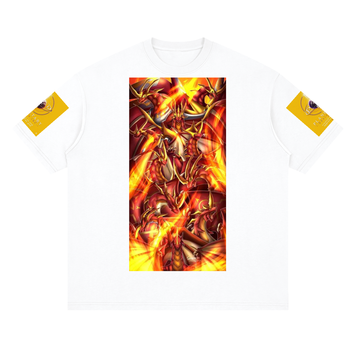 White t-shirt with a fiery dragon design on a white background